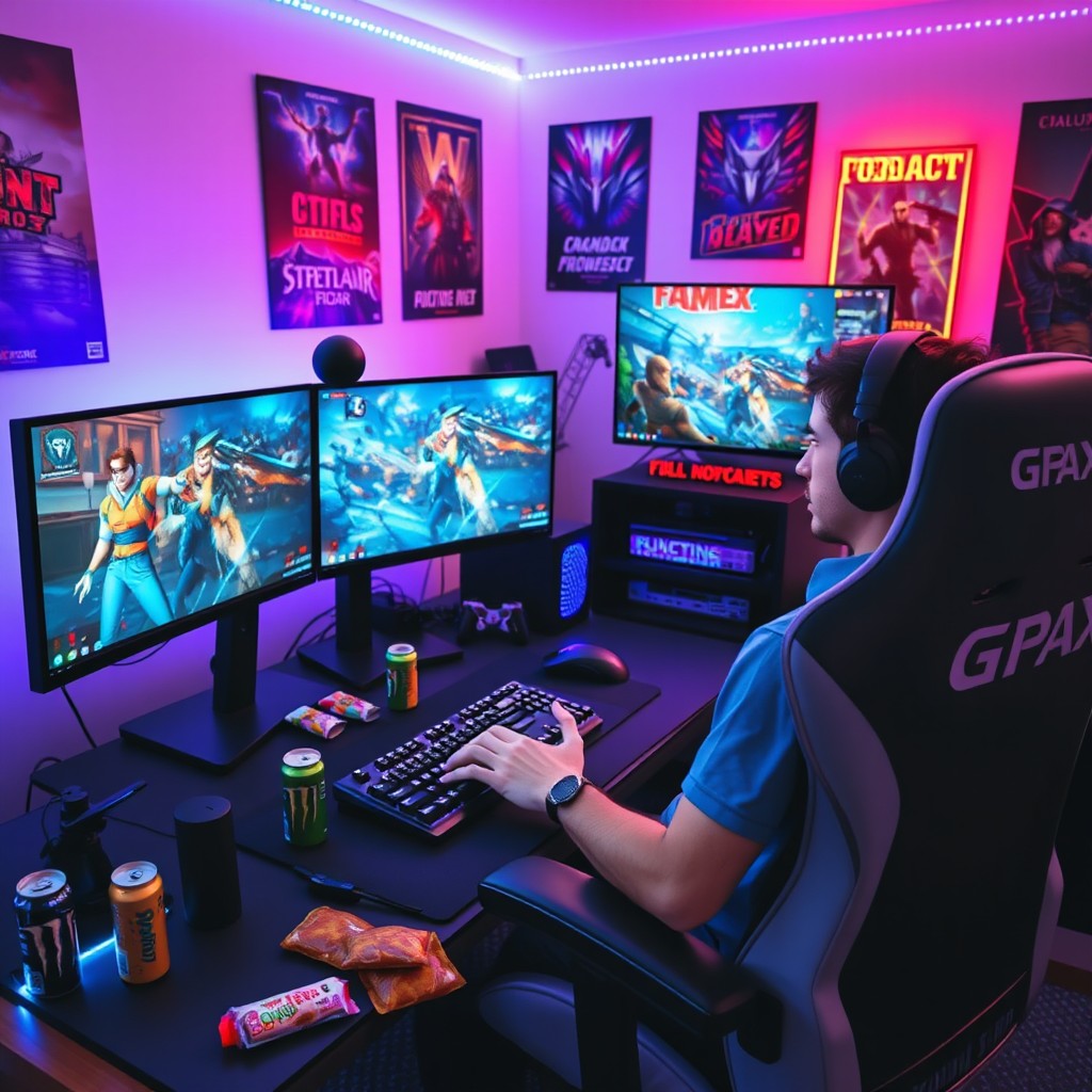 A passionate gamer intently playing an exciting game on three monitors on their powerful desktop gaming PC