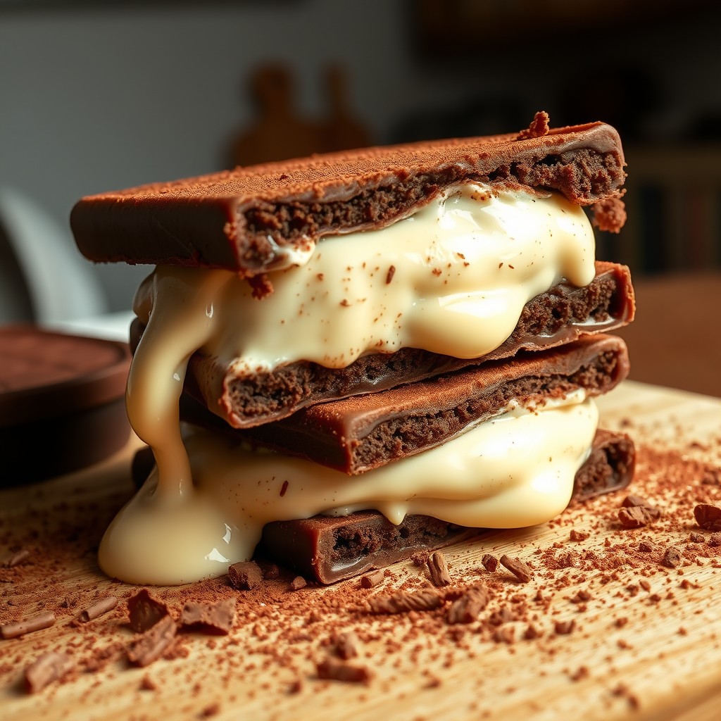 A delicious sandwich made with two thick slices of chocolate bar, filled with creamy vanilla ice cream, showcasing a rich and inviting contrast in colors
