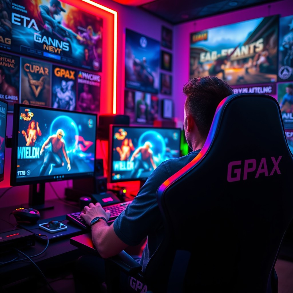 A passionate gamer immersed in gameplay on a high-performance desktop gaming PC, with three large screens displaying vivid gaming action
