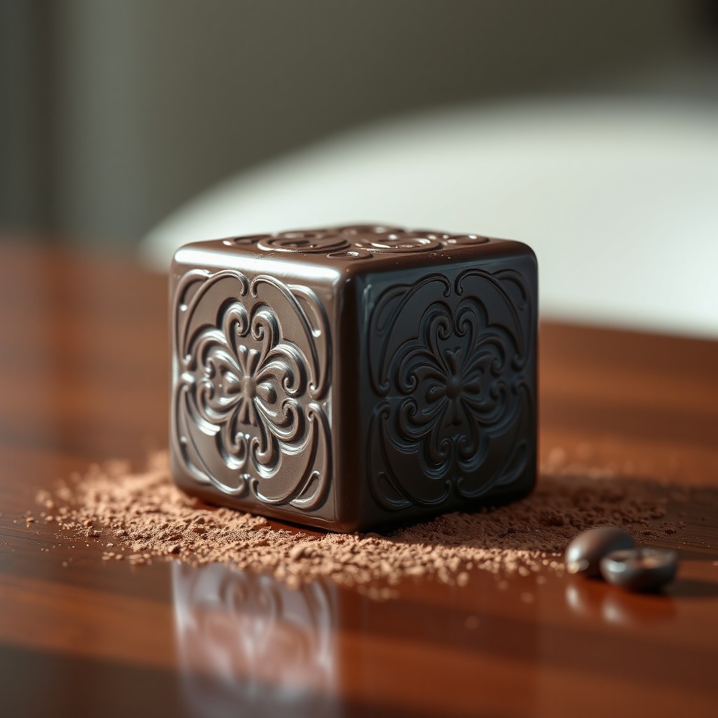 A beautifully crafted cube-shaped chocolate, showcasing a glossy, dark exterior with intricate patterns embossed on its surface