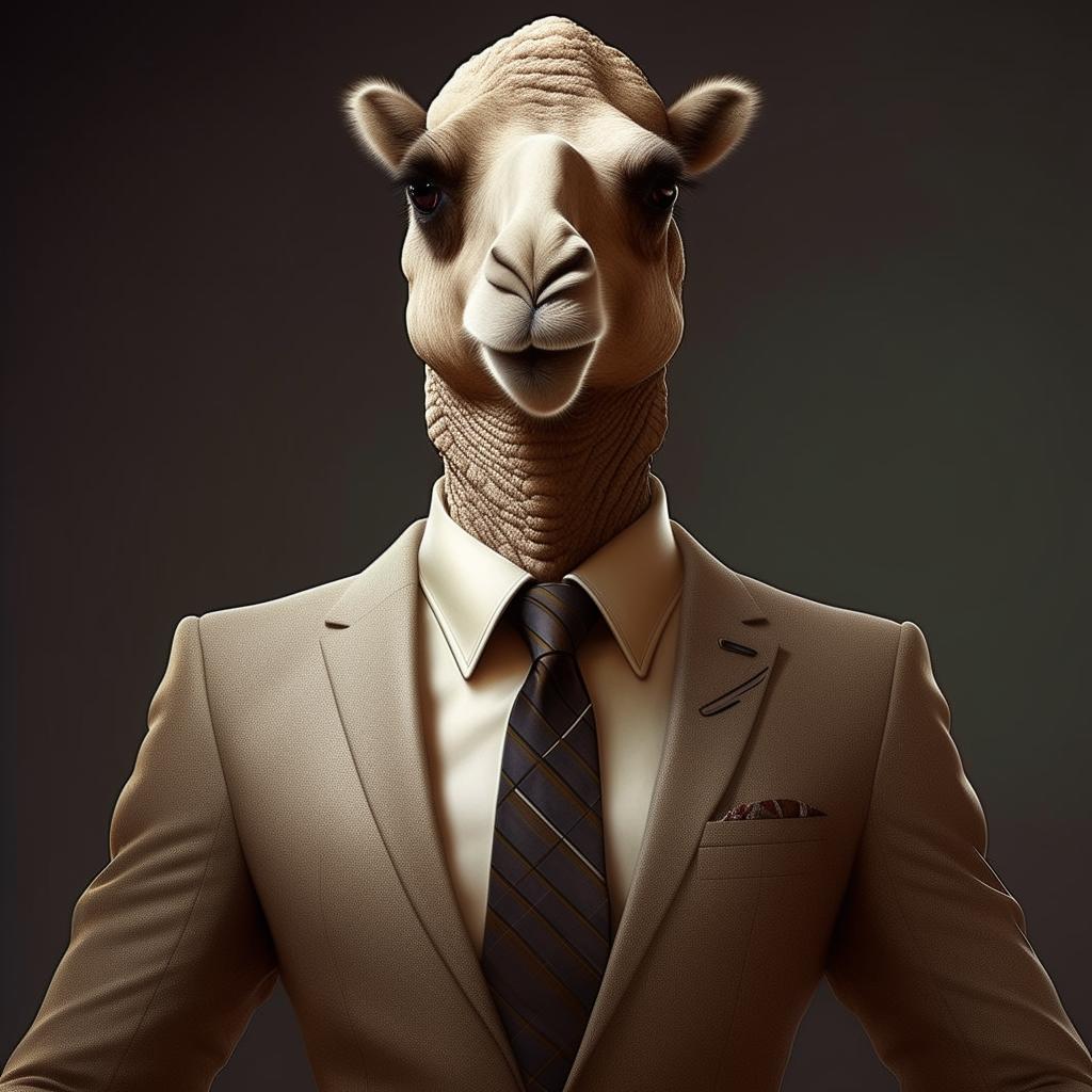 A humanoid figure with camel-like features, elegantly dressed in a business suit