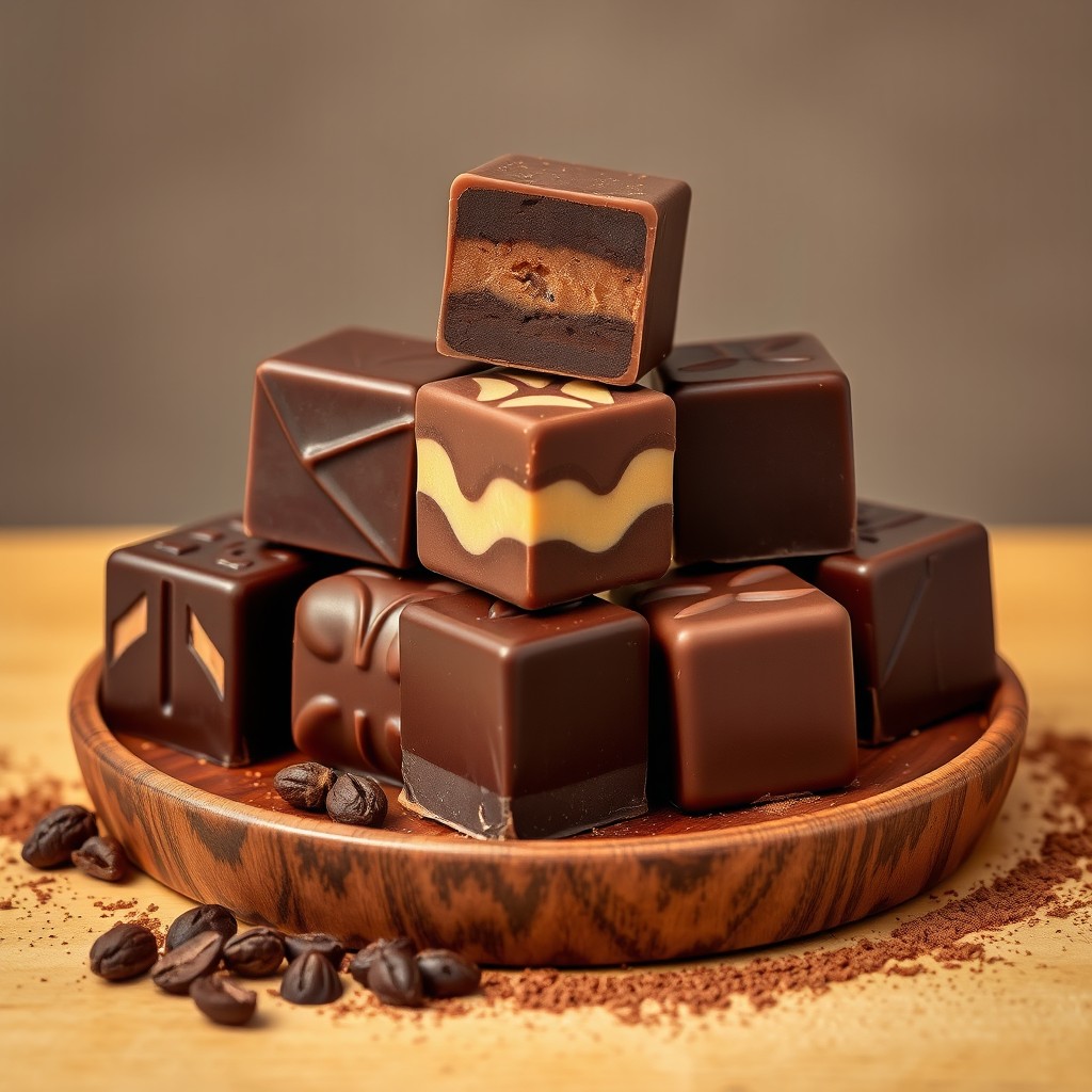 A visually striking display of several cube-shaped chocolates artfully stacked on top of each other