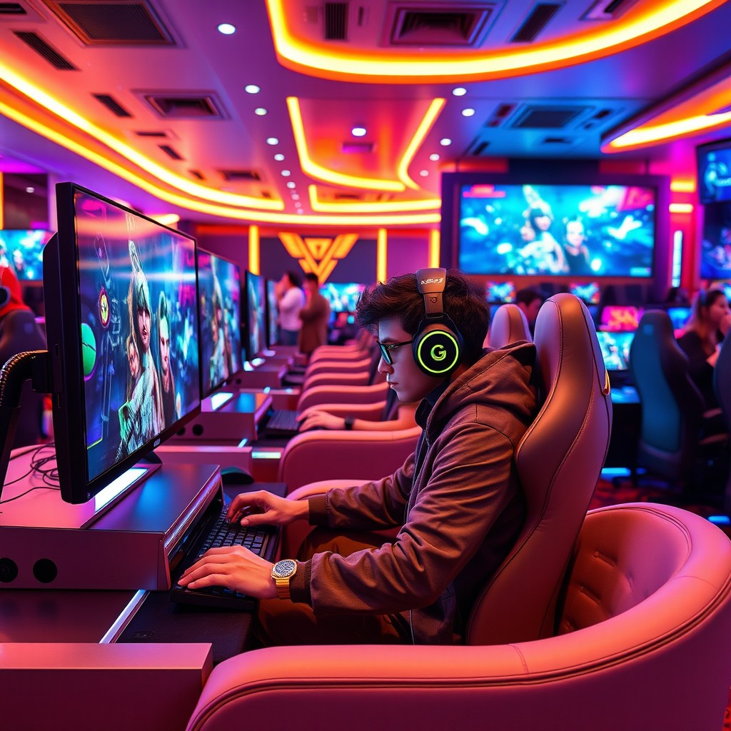 A vibrant and ultra-modern luxury gaming center with sleek gaming stations, large high-definition screens displaying exciting gameplay