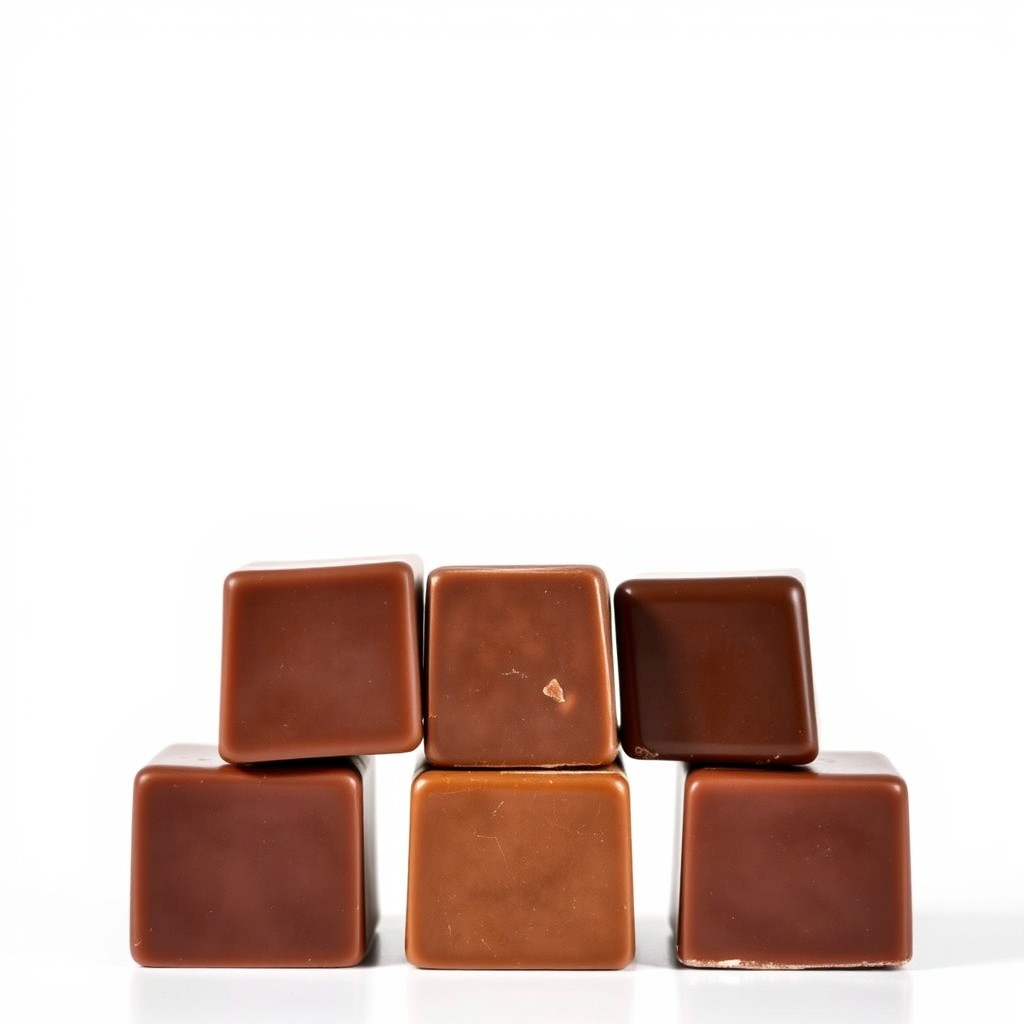 An elegant arrangement of five perfectly shaped cube chocolates stacked neatly on a clean, white background