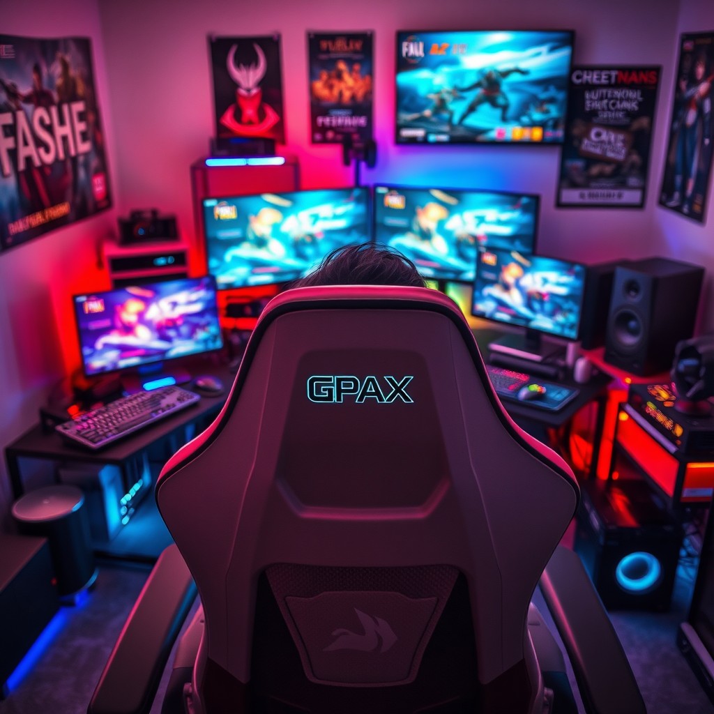 A high-tech gaming setup scene viewed from behind a person lounging in a gaming chair