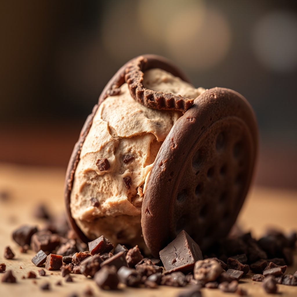 A delectable brown ice cream sandwich standing diagonally, showcasing its luscious layers of creamy chocolate ice cream encased between two soft, chocolaty cookies