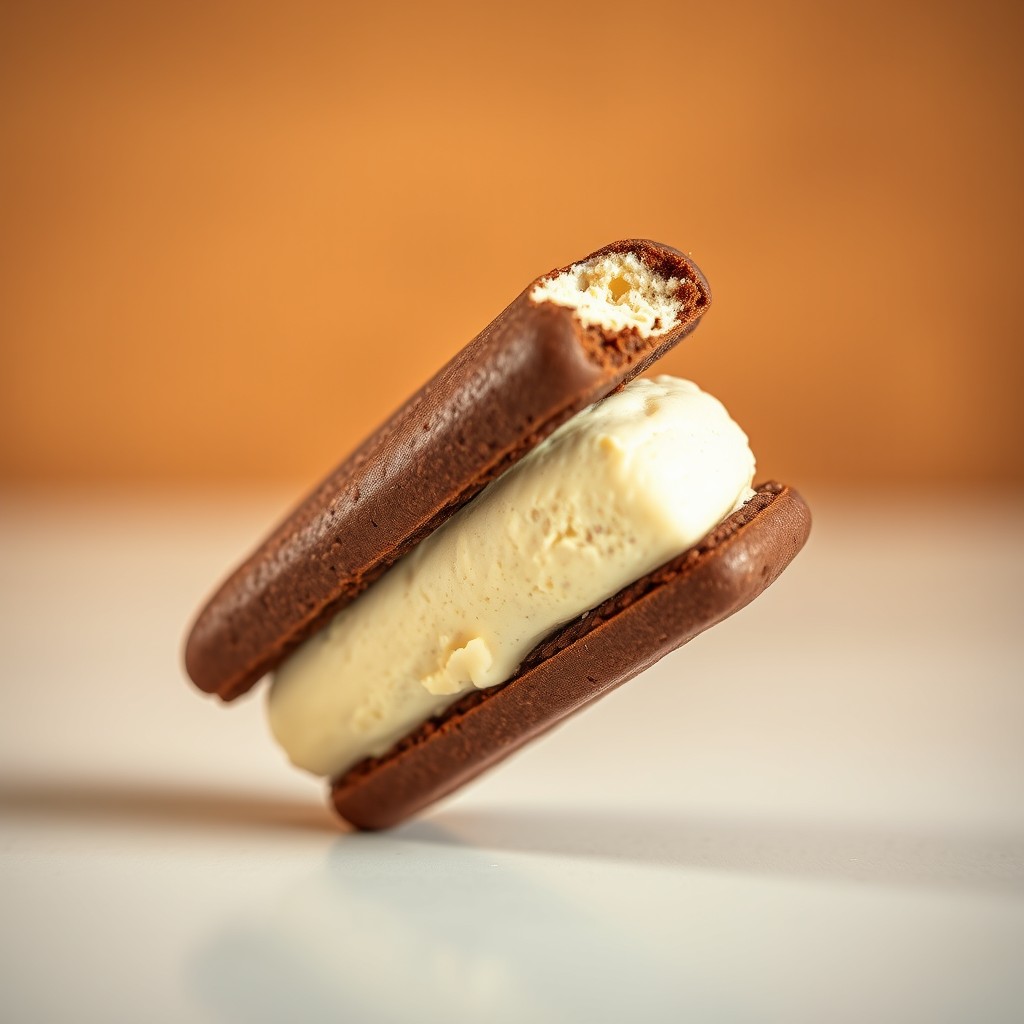 A delicious long, rectangular brown ice cream sandwich standing diagonally, showcasing a rich chocolate exterior