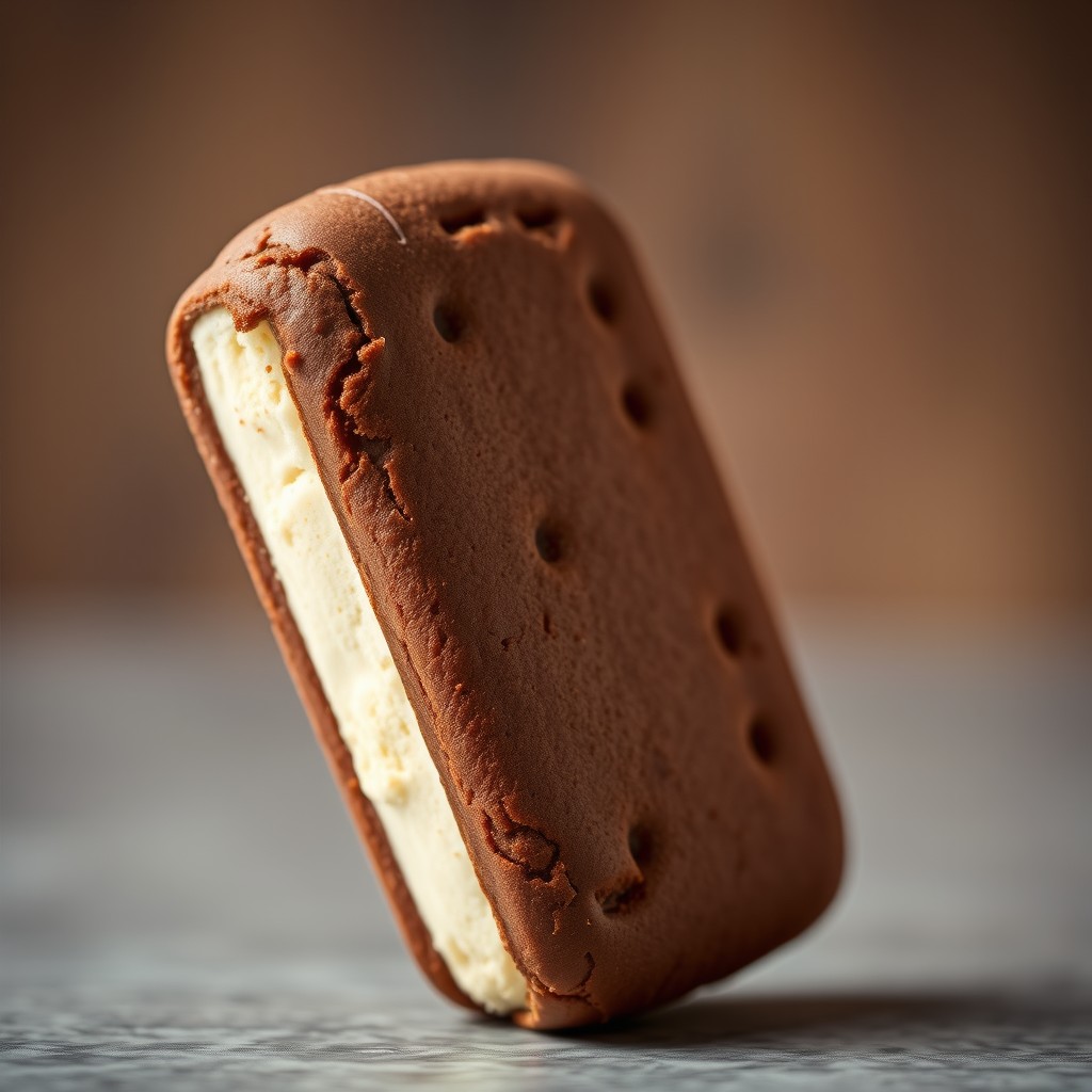 A delicious long, rectangular brown ice cream sandwich standing slightly diagonally, featuring a rich chocolate exterior