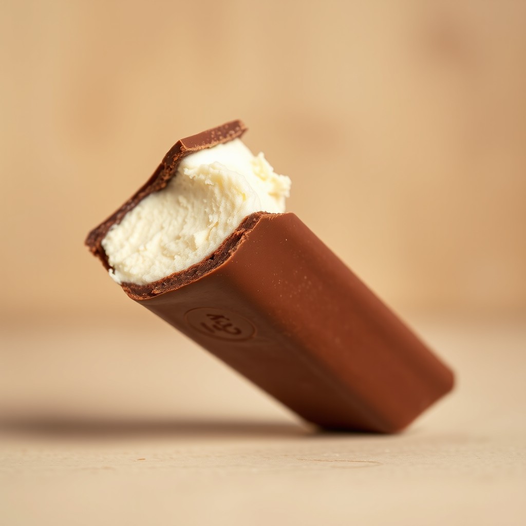 A long, rectangular chocolate bar ice cream sandwich standing slightly diagonally