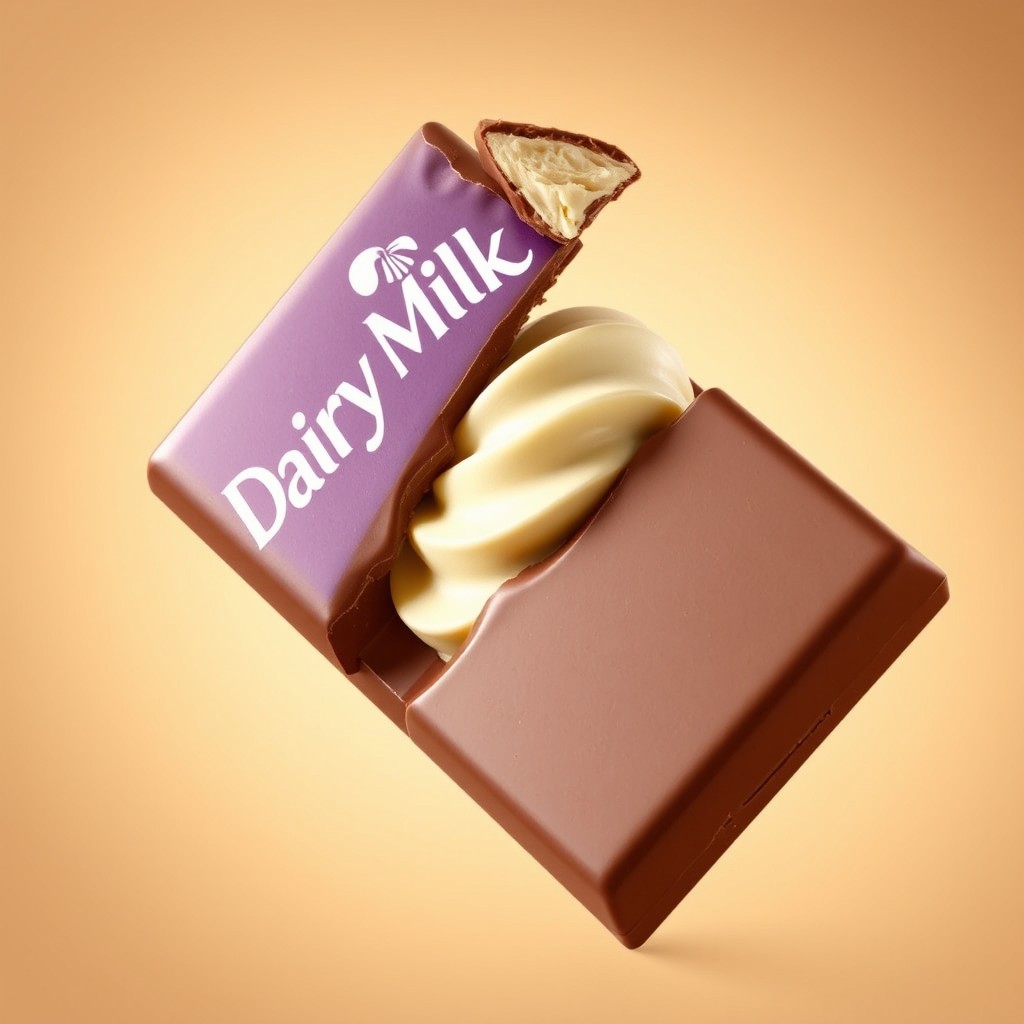 An enticing advertising visualization of a long, rectangular Dairy Milk chocolate bar sandwiched around creamy vanilla ice cream