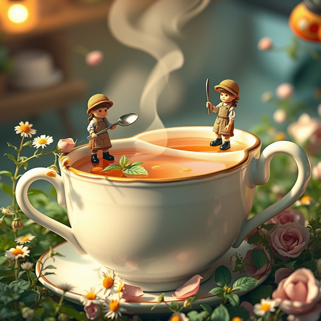 Miniature workers brewing herbal tea on top of giant teacups, surrounded by oversized herbs like chamomile, mint, and rose petals