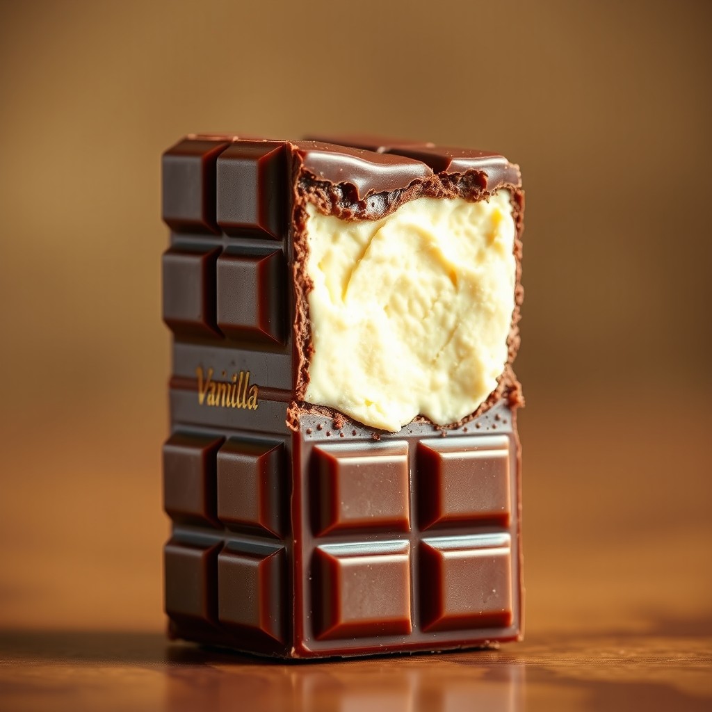 A delicious vanilla ice cream sandwich featuring two rectangular chocolate-bar layers, designed with traditional cube-shaped patterns on the surface of the chocolate