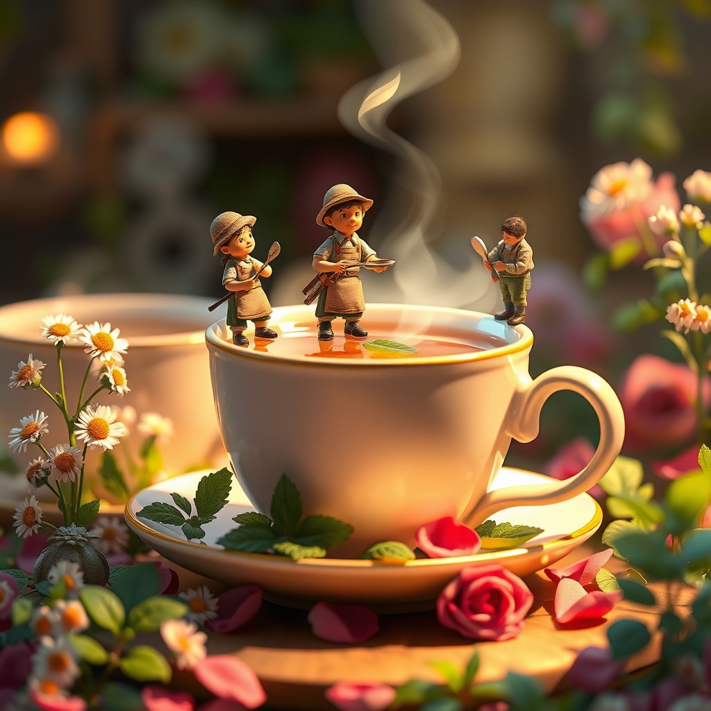 Miniature workers brewing herbal tea on top of giant teacups, surrounded by oversized herbs like chamomile, mint, and rose petals