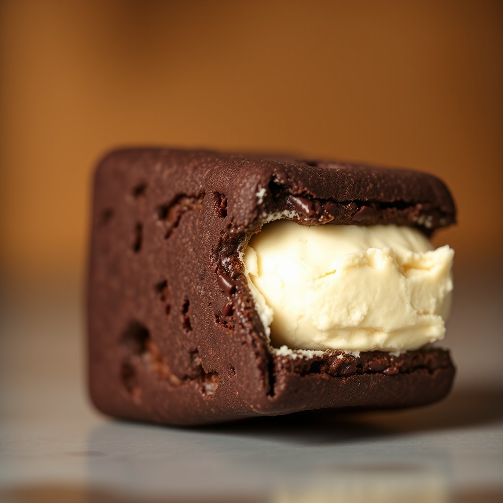 A delightful vanilla ice cream sandwich composed of two rectangular, chocolate-flavored soft cookie layers