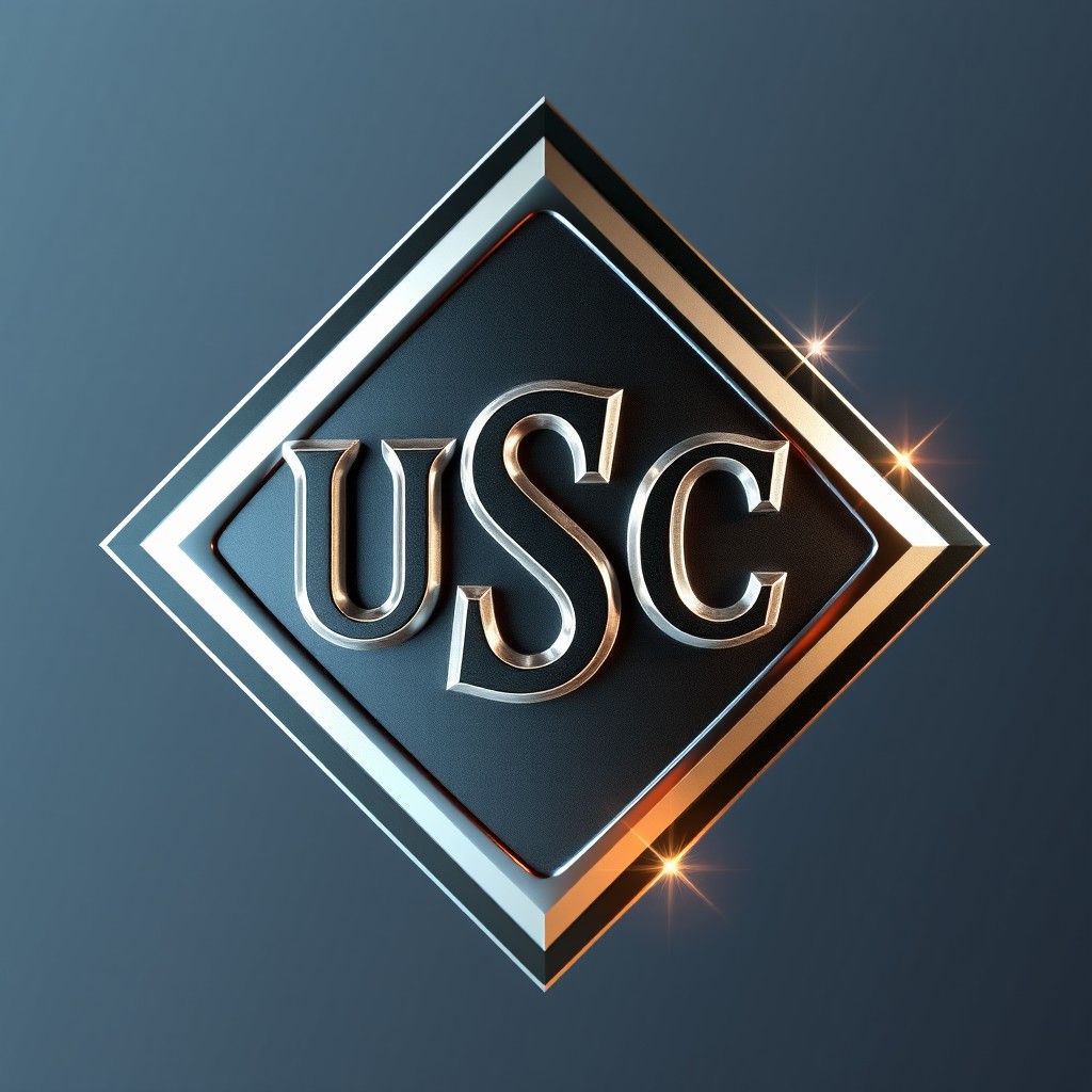 A stunning metallic diamond-shaped symbol featuring the letters "USC" elegantly engraved on its surface