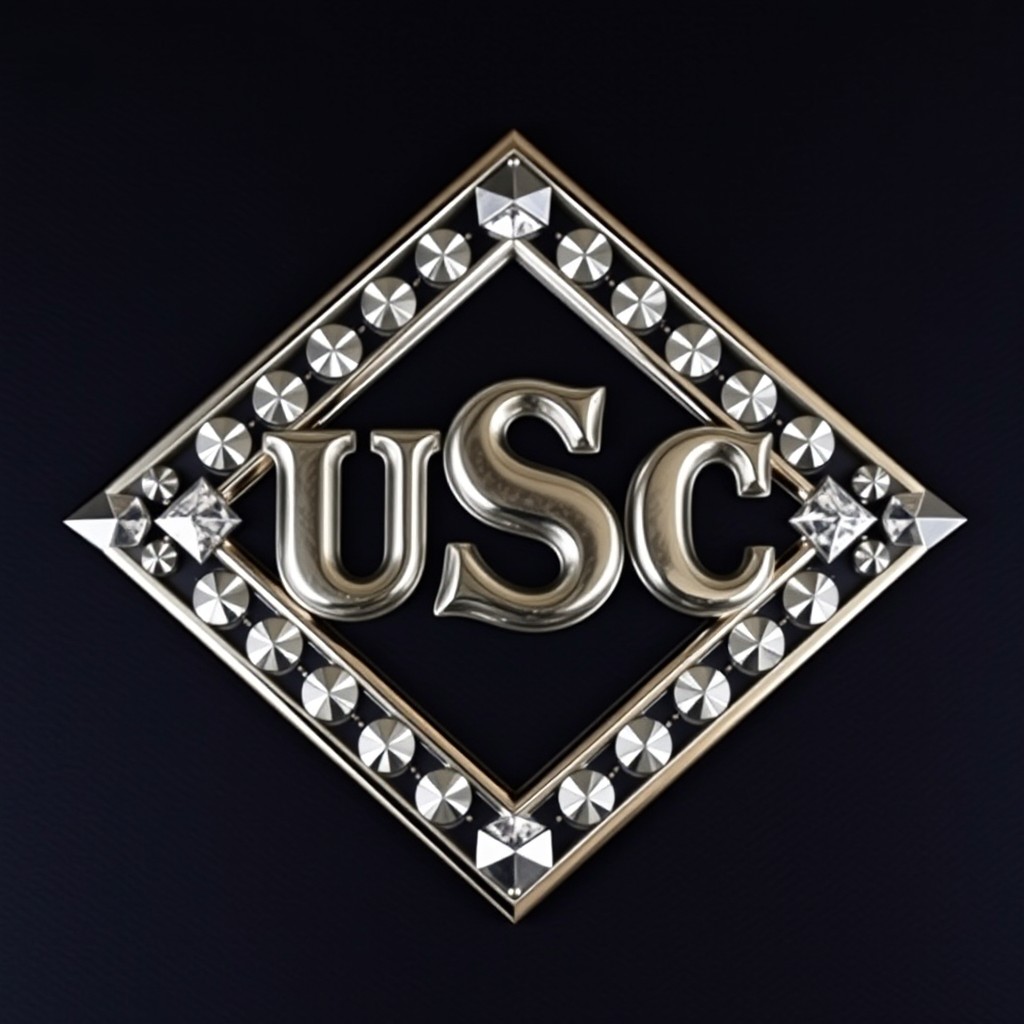 A metallic, diamond-shaped symbol center composed of shiny silver and diamond accents, prominently featuring the letters 'USC' engraved in a bold, elegant font