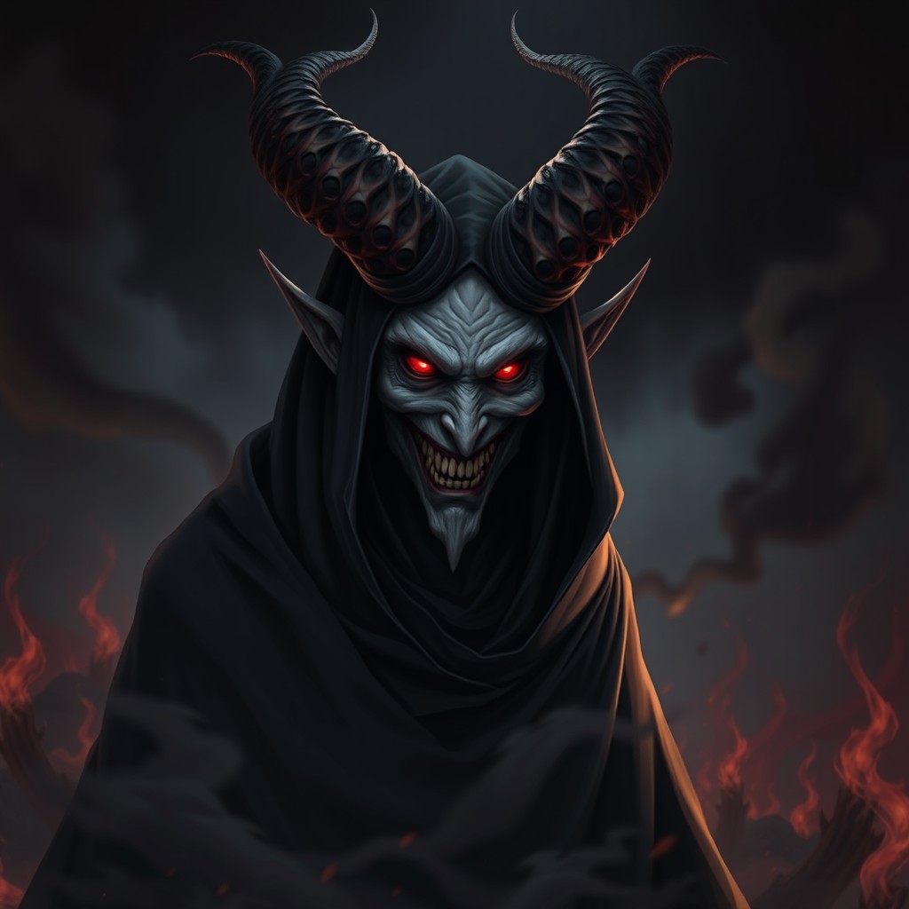 A dark, menacing figure resembling Satan, featuring intricately designed horns curving ominously, glowing red eyes that pierce through the darkness, and a wicked smile revealing sharp teeth