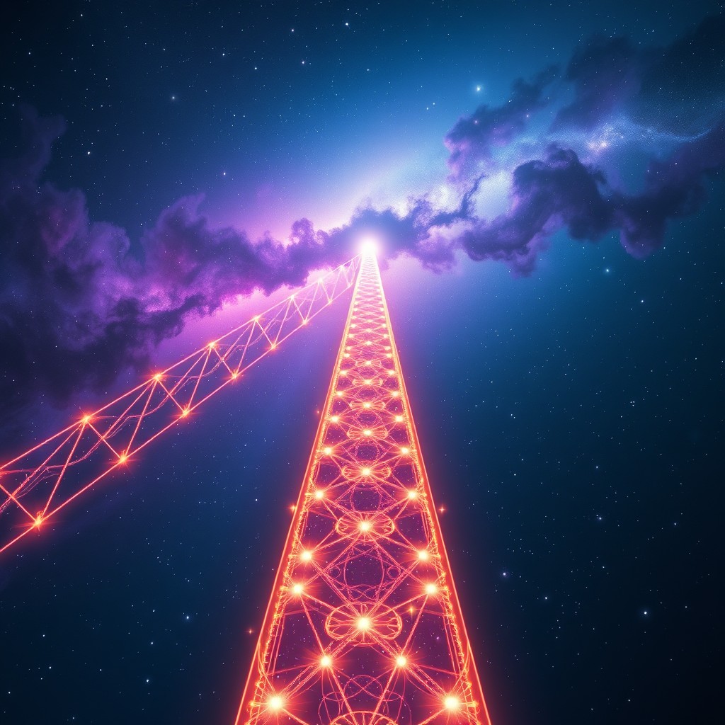 A stunning cosmic bridge connecting distant stars, illuminated by radiant starlight, set in the vastness of space