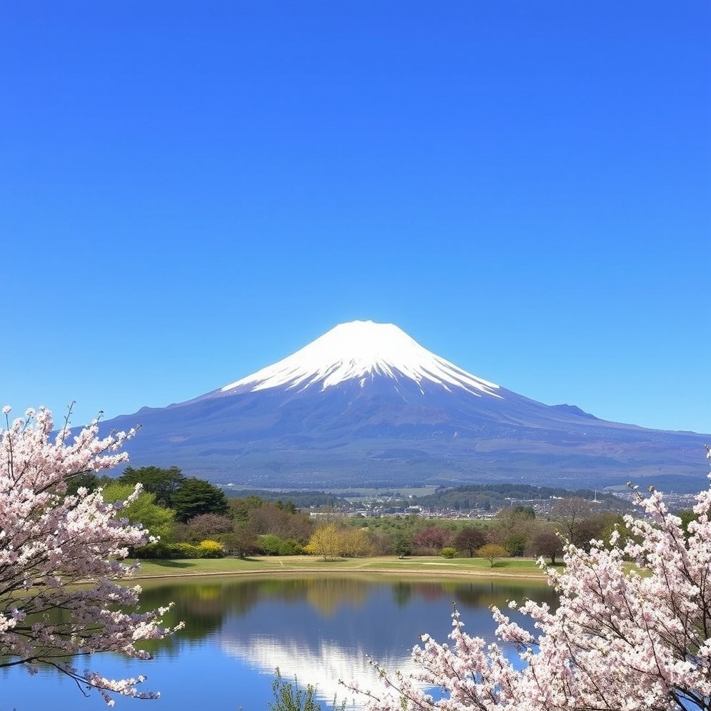 A picturesque view of Mount Fuji in Japan, standing majestically against a clear blue sky