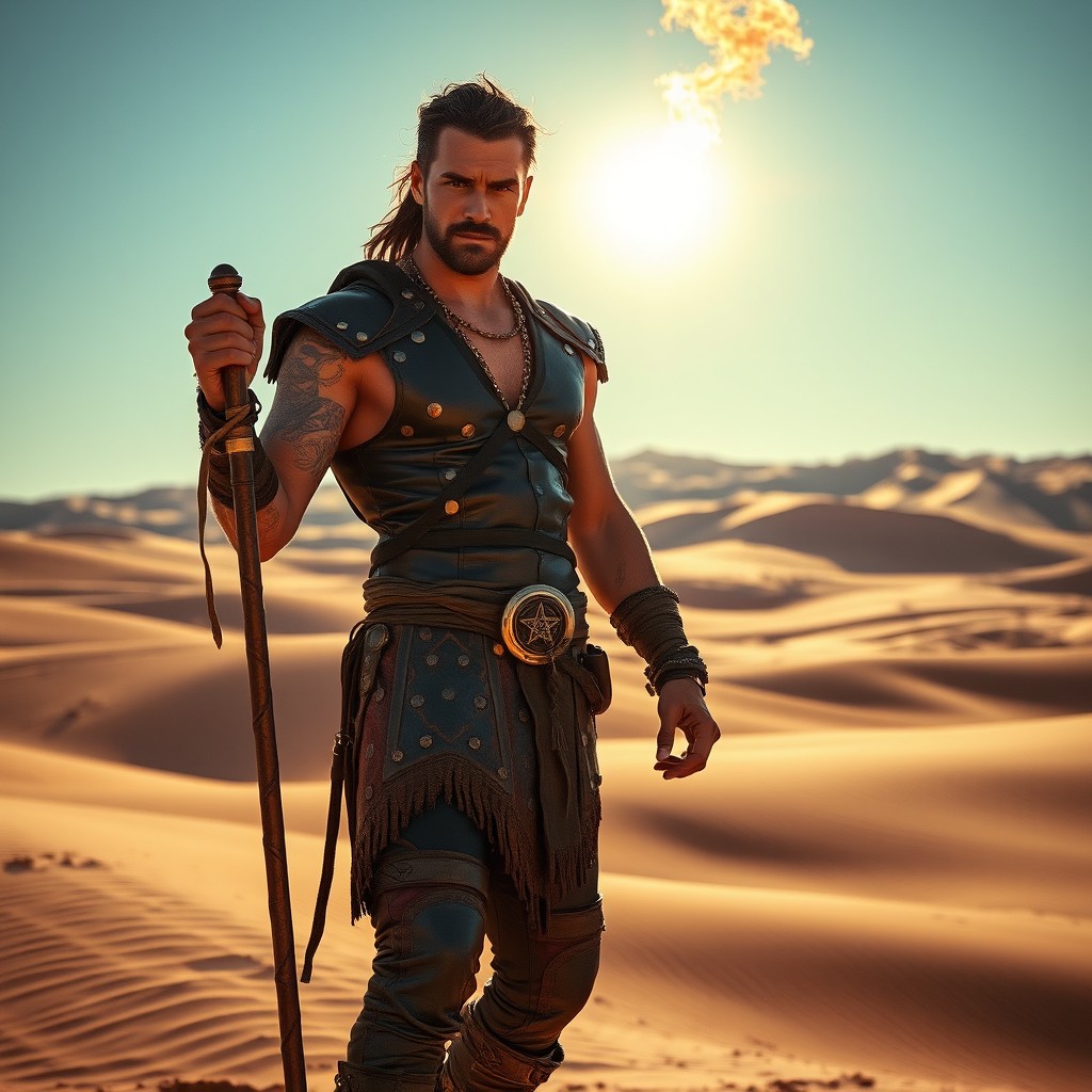 A scene of a rugged human male standing in a vast desert landscape, gripping a fire walking staff adorned with mystical symbols