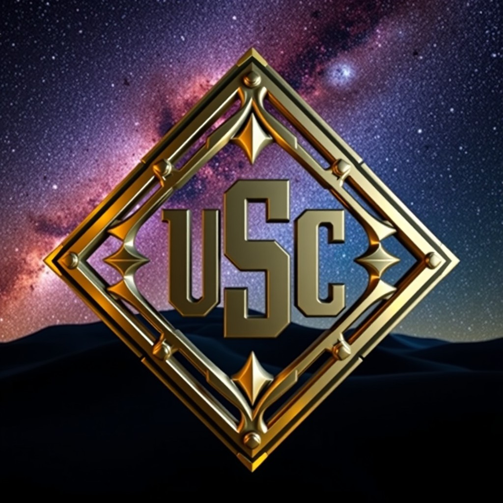 A stunning metallic, diamond-shaped emblem featuring the letters 'USC' prominently displayed at its center