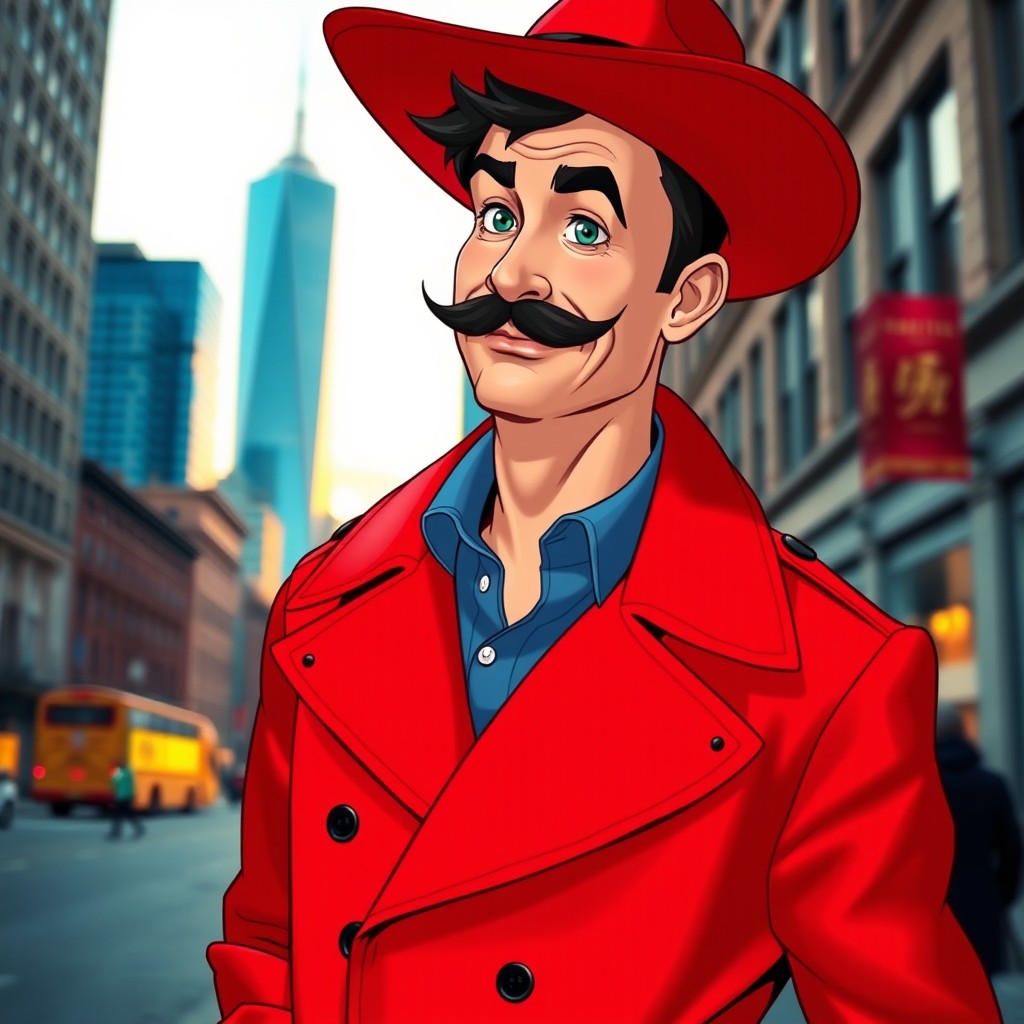 A white male approximately 35 years old with a stylish mustache, dressed in a vibrant red trench coat and a matching wide-brimmed hat, reminiscent of Carmen Sandiego