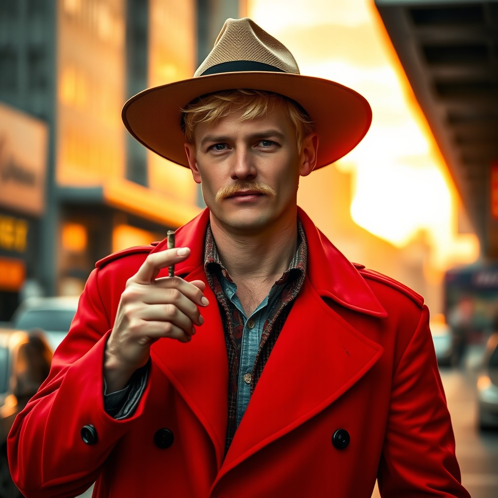 A white male with short blonde hair, approximately 35 years old, sporting a trimmed mustache, dressed in a vibrant red trench coat and a wide-brimmed hat, channeling the style of Carmen Sandiego