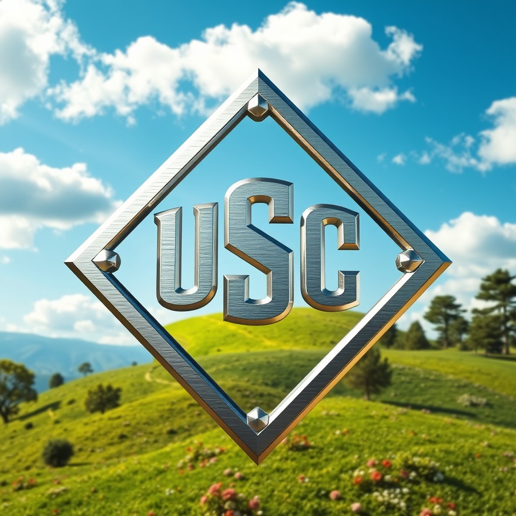 A metallic, diamond-shaped emblem prominently displayed in the center featuring the letters 'USC' engraved in bold, stylish font