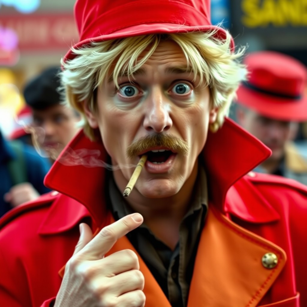A 35-year-old white man with dark blonde hair and a short mustache, dressed as Carmen Sandiego