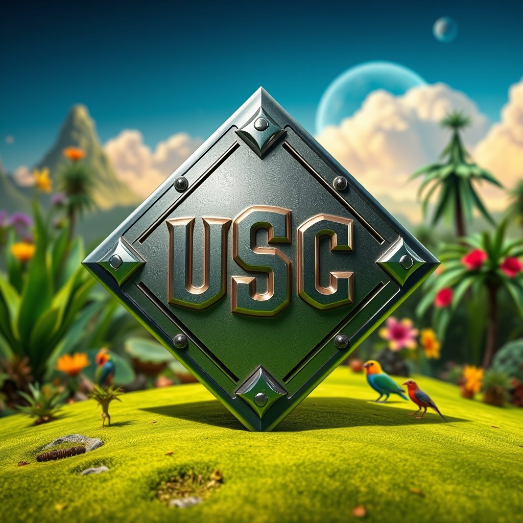 A metallic, diamond-shaped emblem prominently displaying the letters 'USC' engraved on it, set against a lush, green alien planet surface