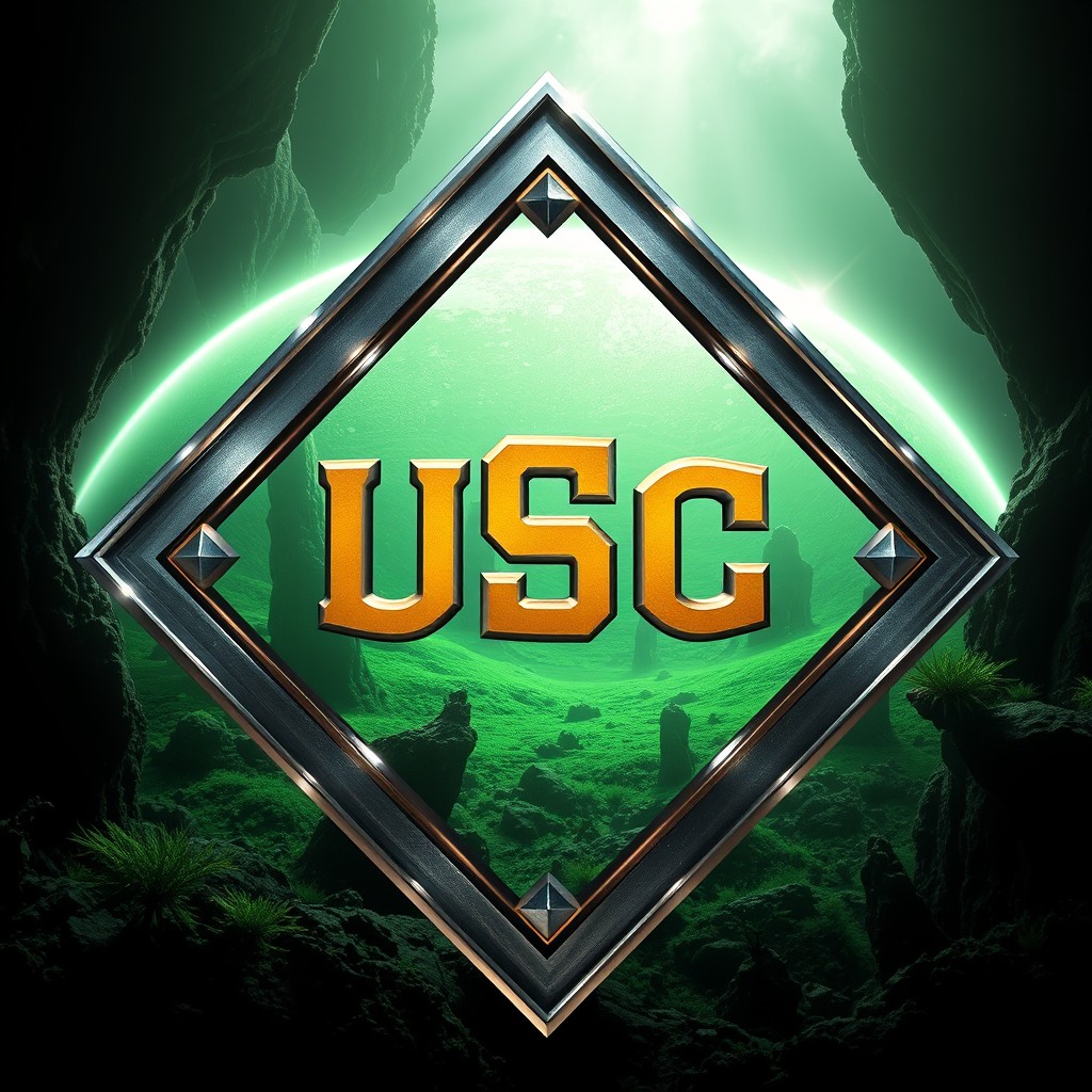 A striking metallic, diamond-shaped emblem featuring the letters "USC" prominently displayed at its center