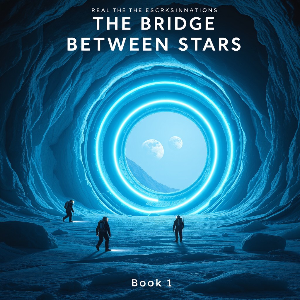 A dramatic science fiction book cover featuring a massive ancient alien gateway composed of three concentric glowing blue rings, partially excavated from the glacial ice of Greenland