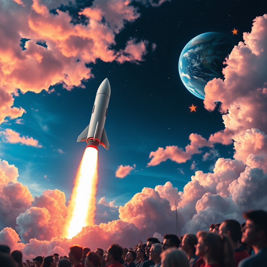 A stunning digital art poster of a rocket launch to space, featuring a sleek, modern rocket with vibrant flames shooting out from its engines, ascending through a dramatic sky filled with colorful clouds