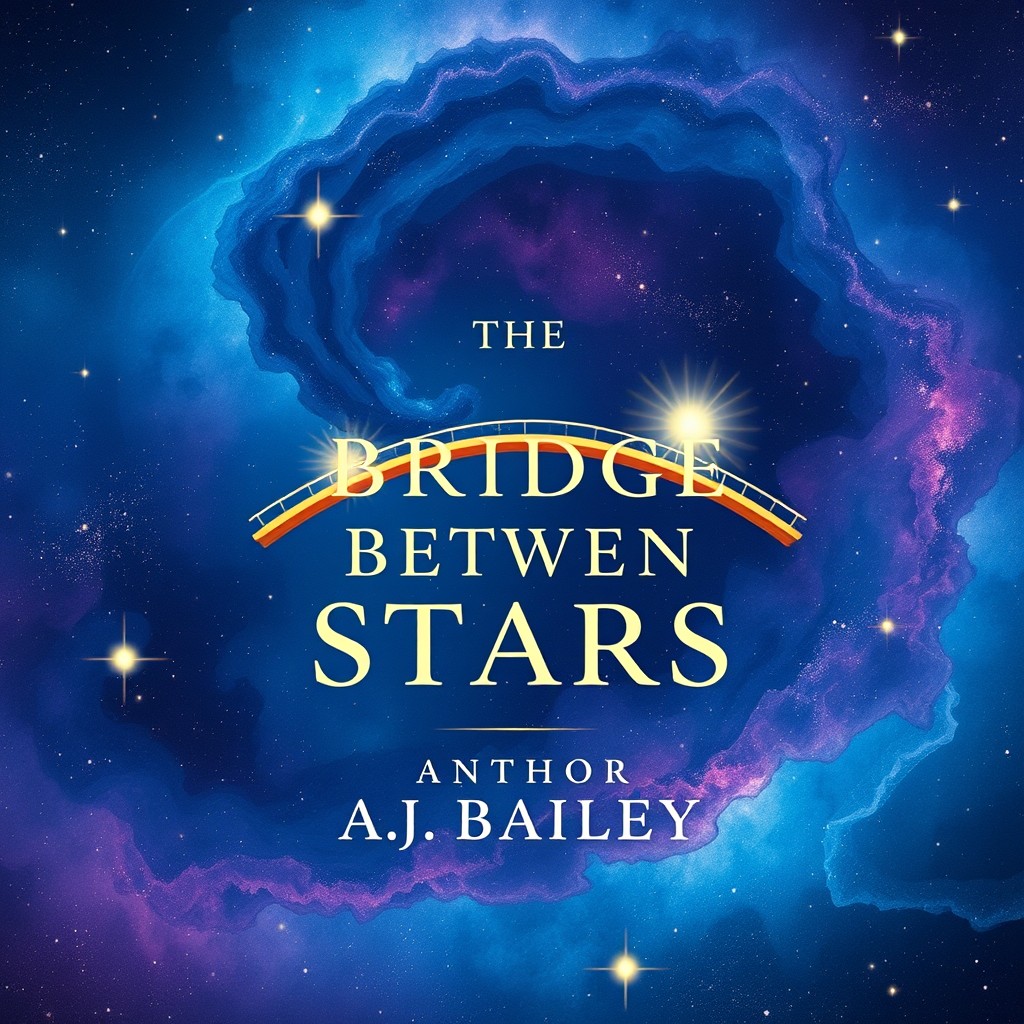 A cosmic-inspired book cover design featuring a stunning celestial scene with vibrant colors of deep blues, purples, and specks of bright white stars