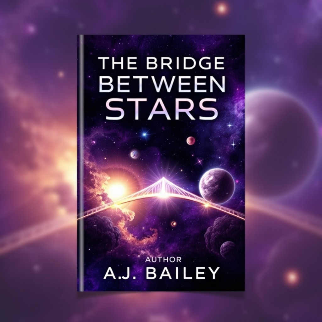A stunning cosmic-inspired book cover design featuring a deep space background with swirling galaxies, luminous stars, and nebulae in vibrant colors of purple, blue, and golden tones