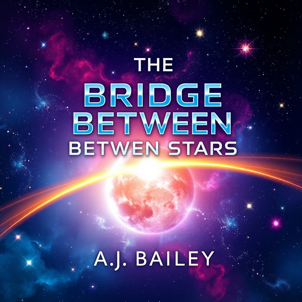 A stunning cosmic book cover design featuring the title 'THE BRIDGE BETWEEN STARS' prominently displayed in a bold, futuristic font
