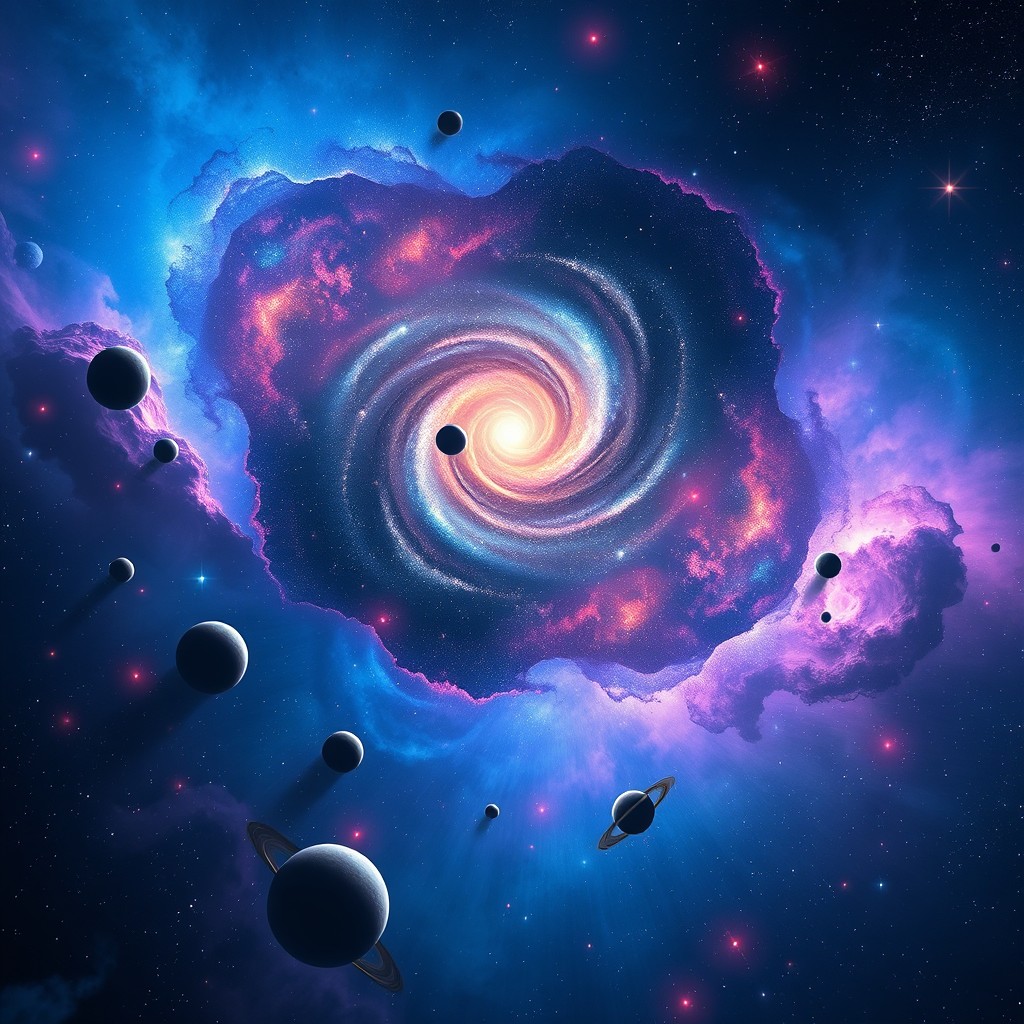 A breathtaking cosmic scenery featuring a vast galaxy filled with vibrant colors of blues, purples, and pinks, with swirling nebulae dancing across the starry backdrop
