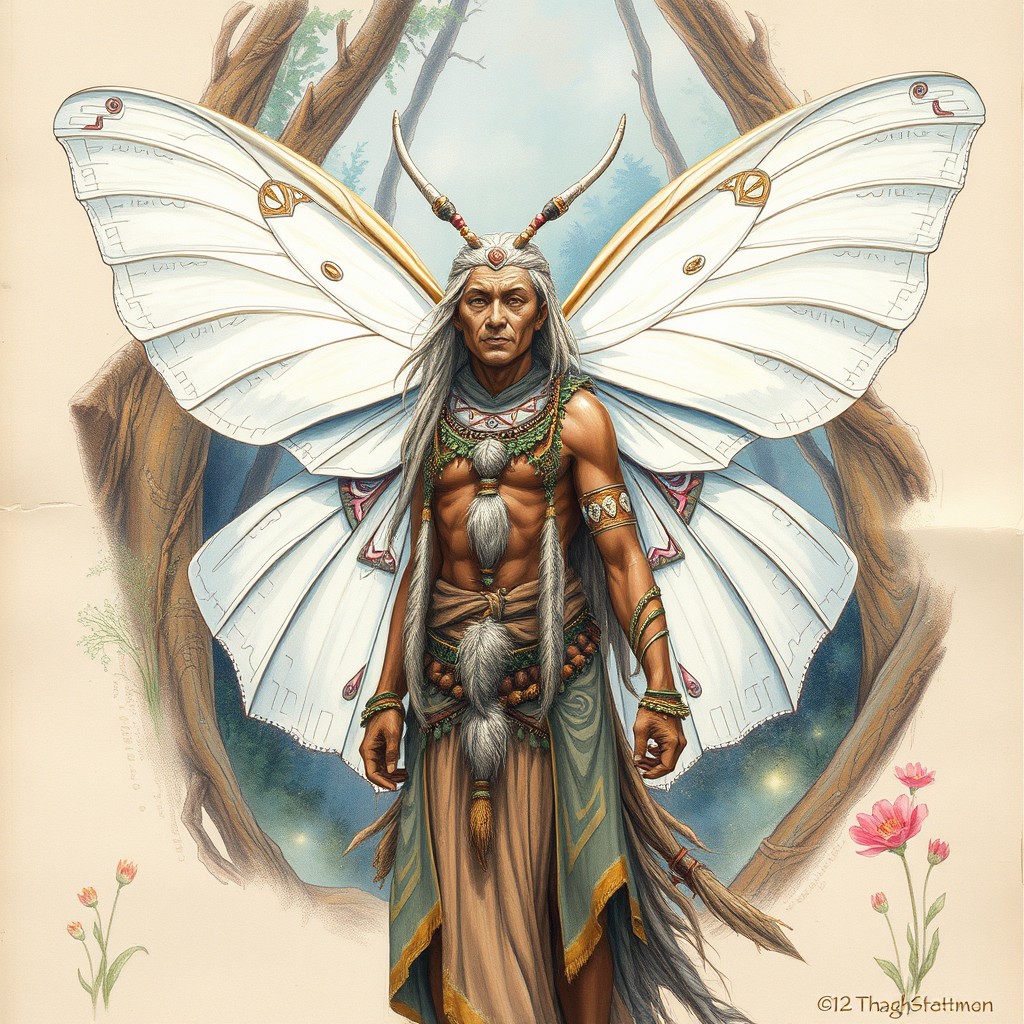 A shaman in the middle of a transformation into a majestic white moth, showcasing intricate details of both human and moth features