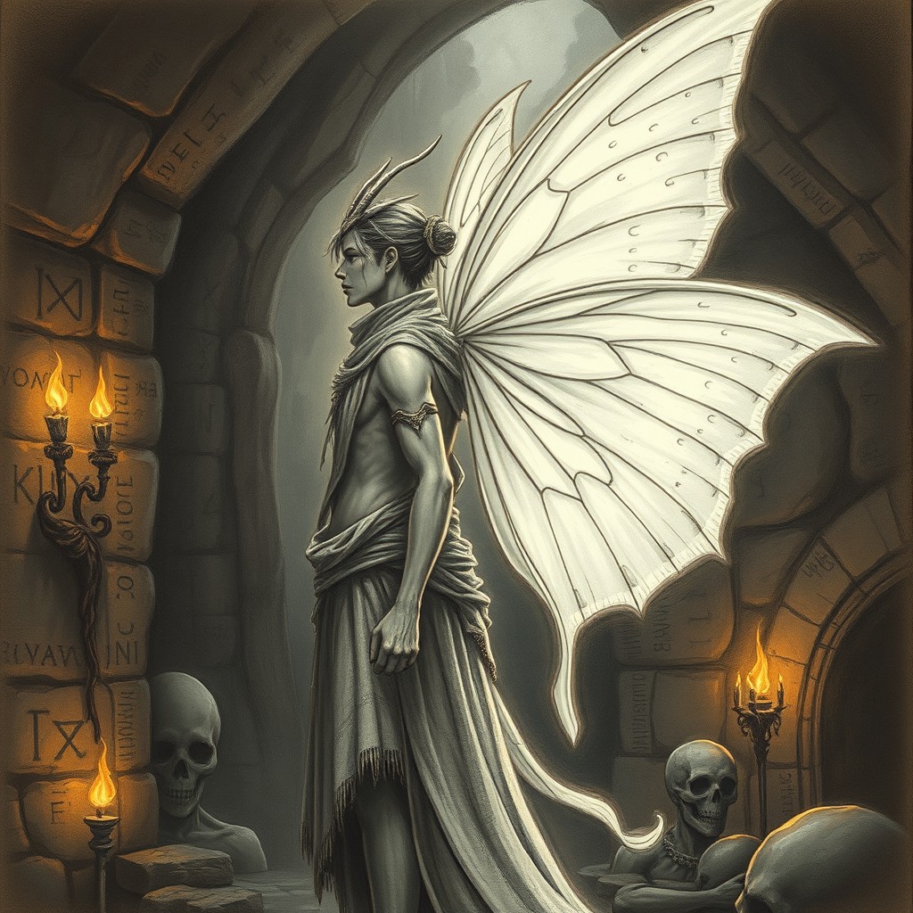 A captivating illustration showing a shaman halfway transformed into a white moth, embodying a mystical and ethereal quality