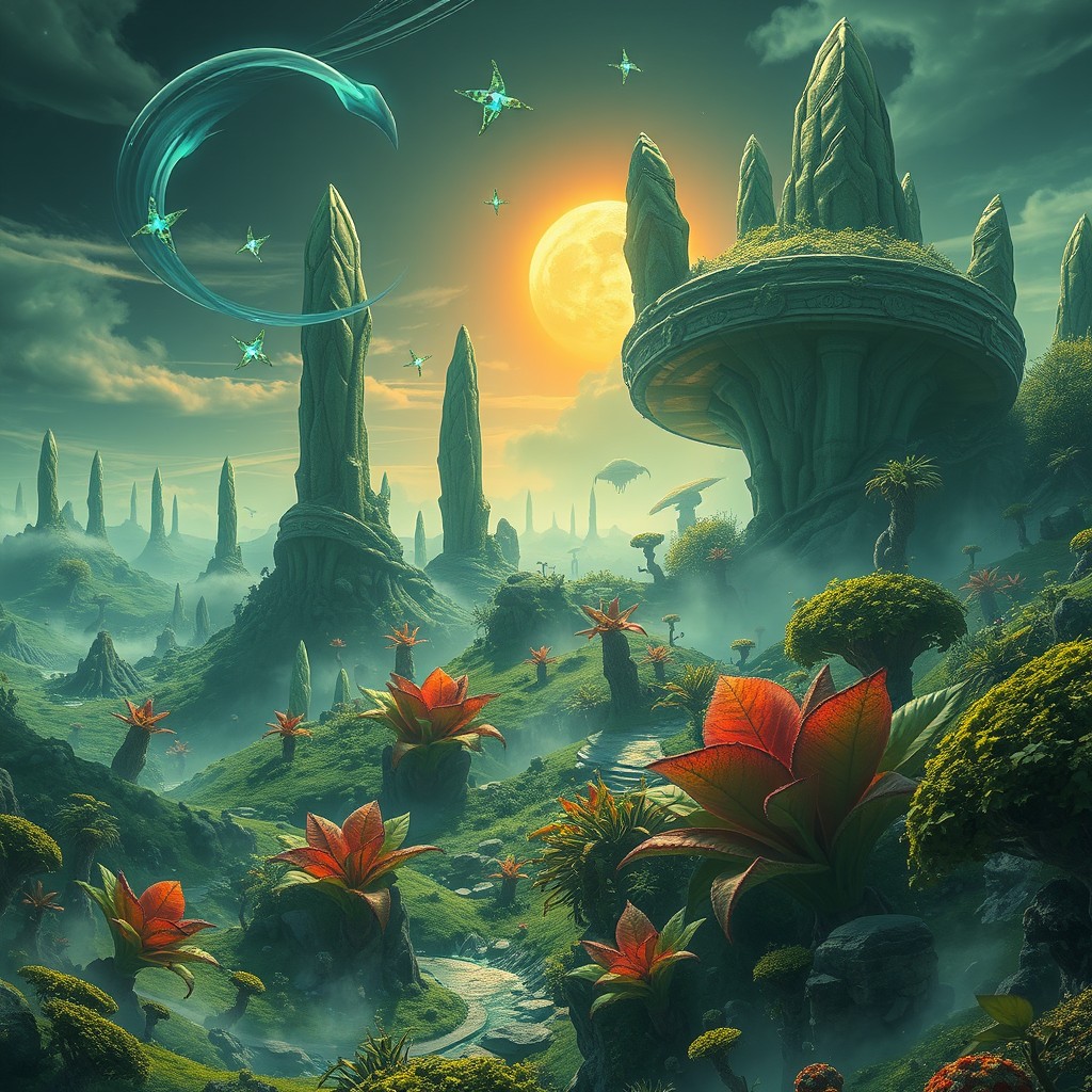 A stunning alien world, dominated by lush green landscapes, featuring giant, oversized plants with vibrant colors and unique shapes, towering crystal formations catching the light, and a distant alien sun casting warm light on the terrain