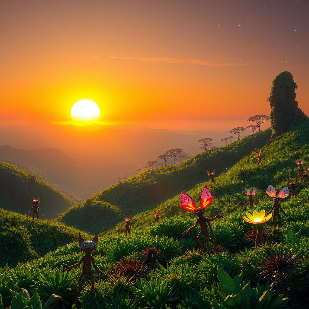A stunning alien world featuring vibrant green landscapes with unusual flora and fauna