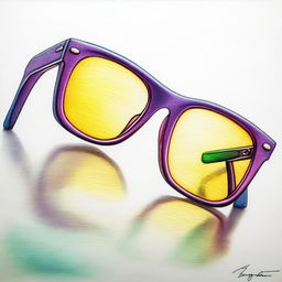 A vibrant coloured pencil drawing illustrating a pair of glasses