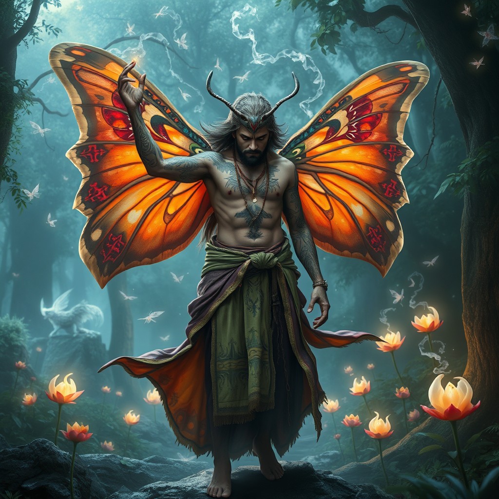 A mesmerizing fantasy scene depicting a shaman in the halfway transformation into a leucoma salicis (willow moth)