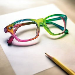 A vibrant coloured pencil drawing illustrating a pair of glasses