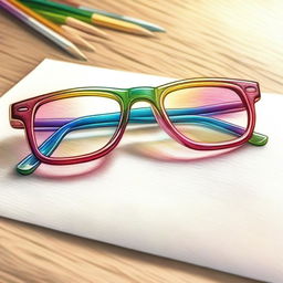 A vibrant coloured pencil drawing illustrating a pair of glasses