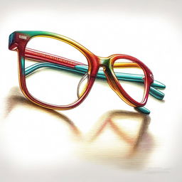 A vibrant coloured pencil drawing illustrating a pair of glasses