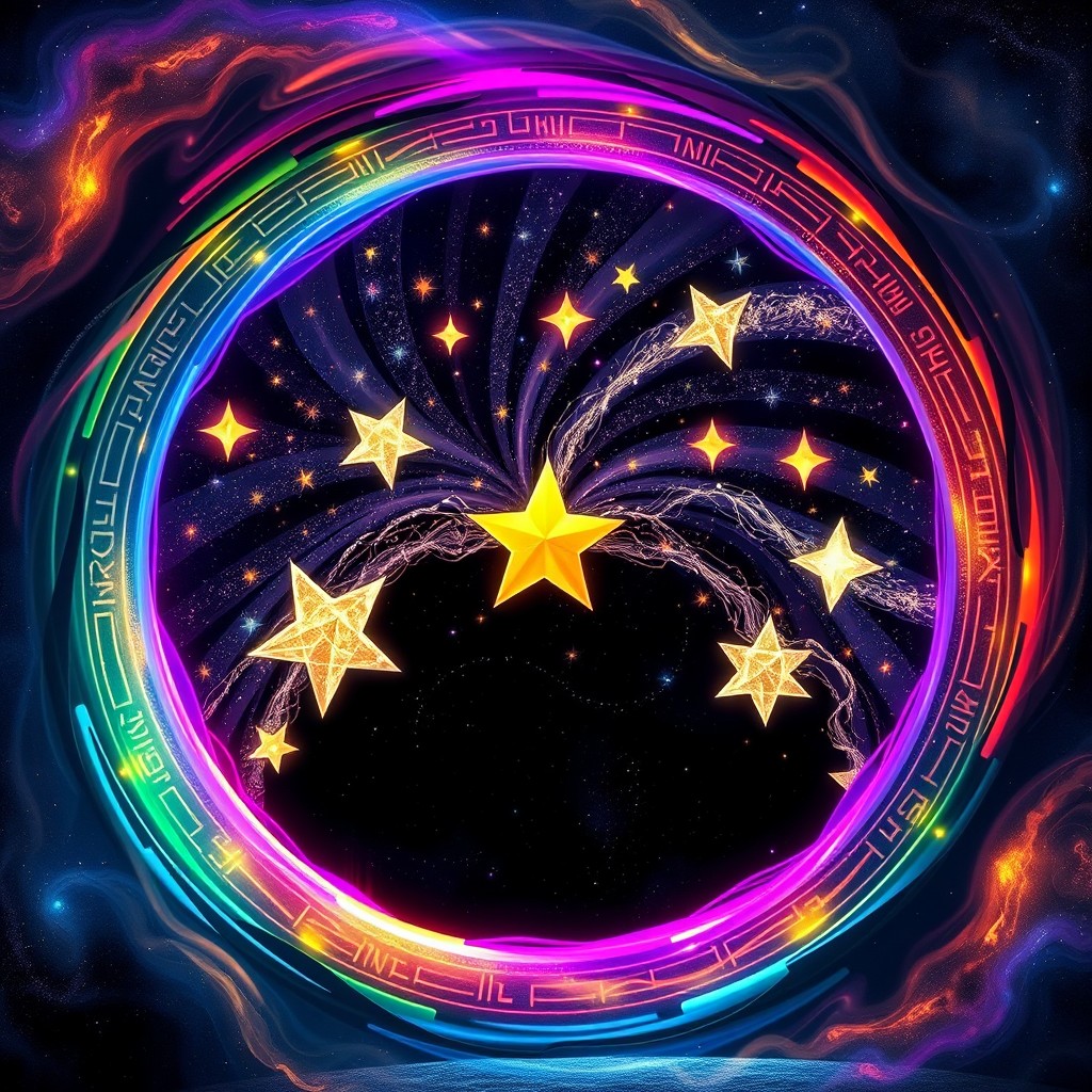A mystical portal with vibrant colors swirling around the edges, showcasing stretched stars inside that appear to be bending and warping, creating a surreal cosmic effect
