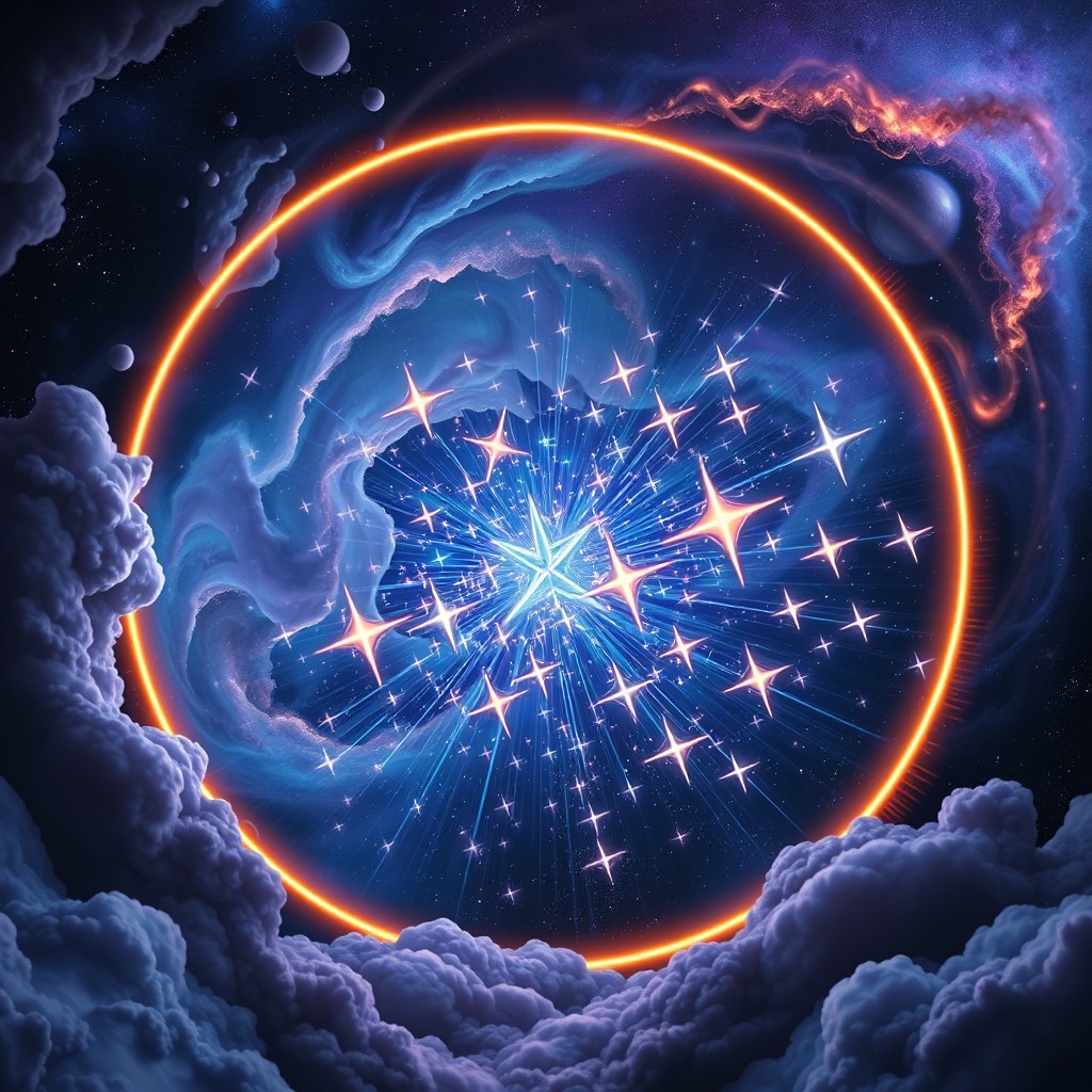 A mesmerizing portal opening into a cosmic space filled with stretched, vivid stars