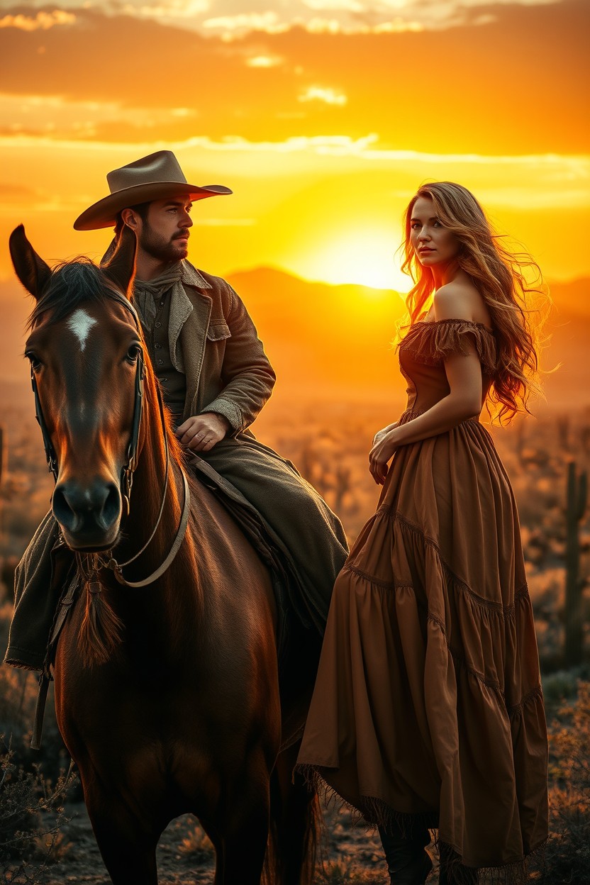 A captivating Western romance scene titled 'Vengeance Trail,' set in the rugged landscapes of the American frontier