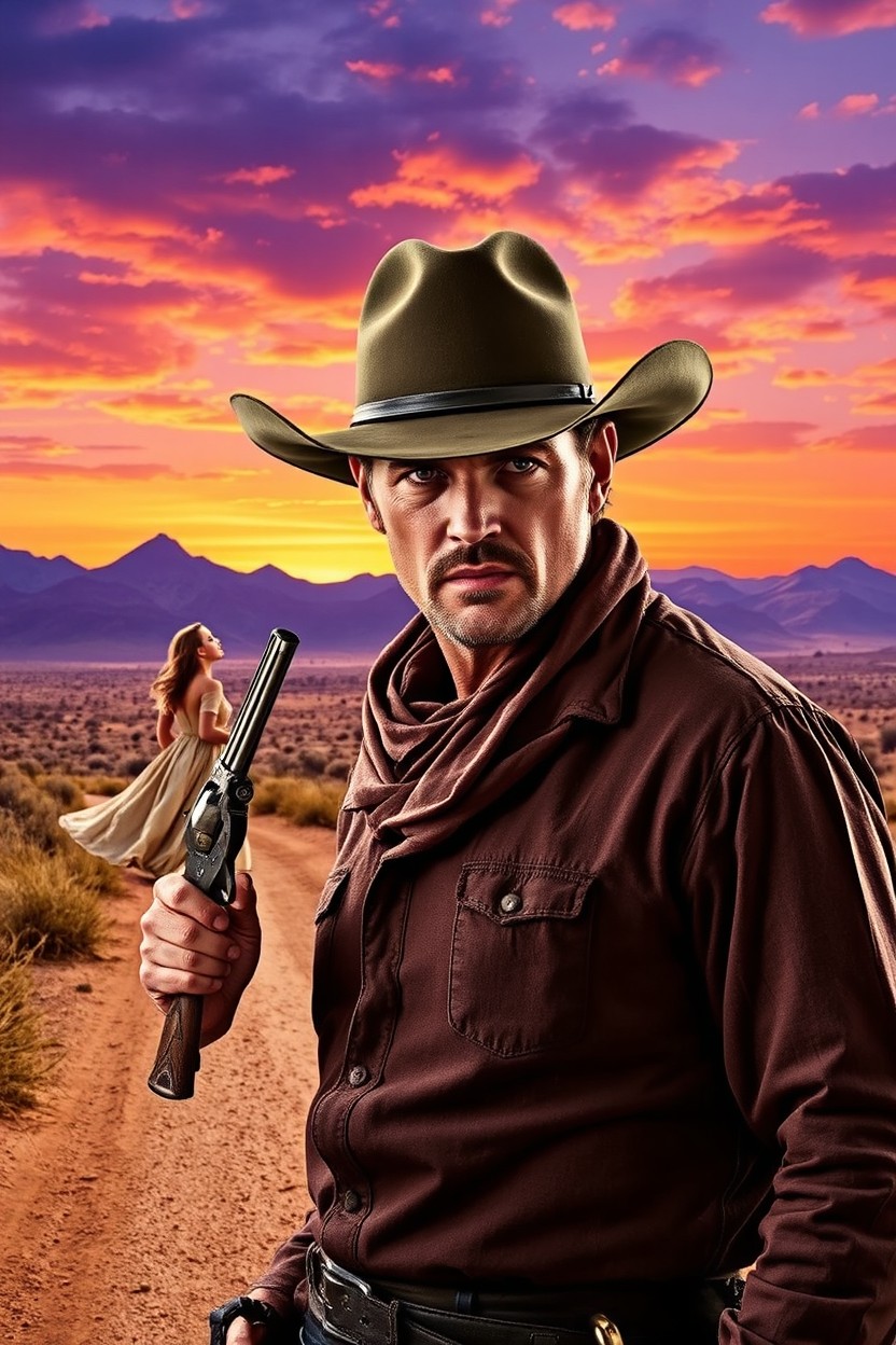 A dramatic scene from a Western romance titled "Vengeance Trail"